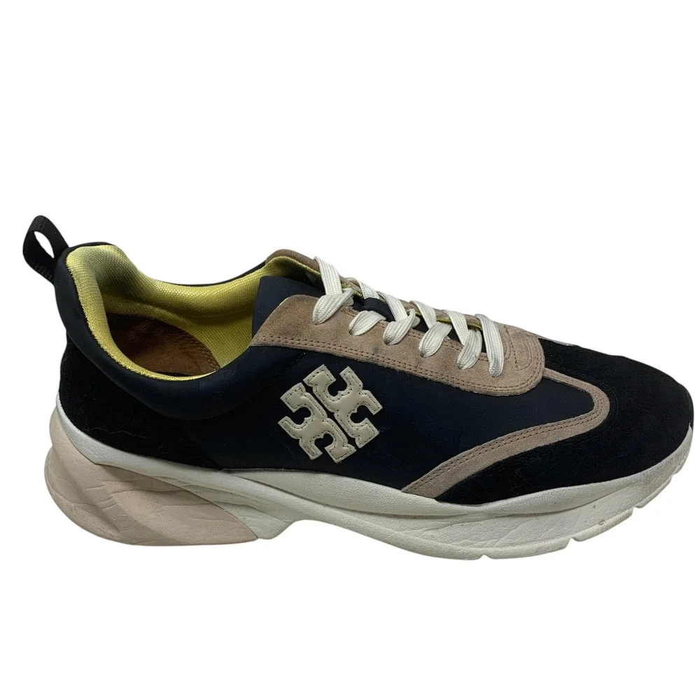 Tory Burch Good Luck Trainer Sneakers Black Leather Suede Nylon Women's Sz 12